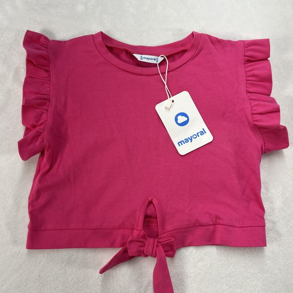 Mayoral Ruffle Sleeve Tie Front Shirt Girls 6 Magenta Pink Coastal‎ Summer NEW
